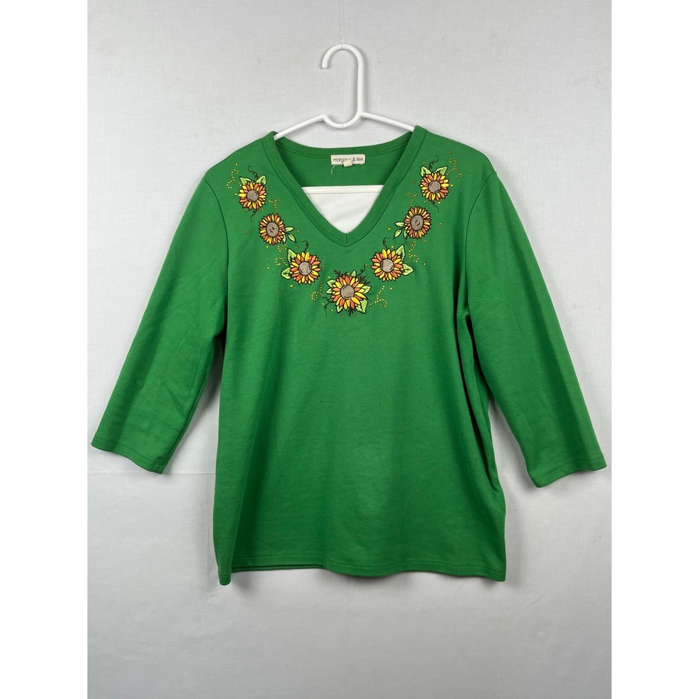 Margaux & Lexi Sunflower Embroidered V-Neck Top Womens XL Green 3/4 Sleeve